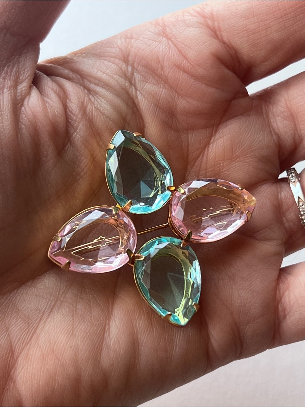 Vintage 70s AVON Signed Brooch Pin Cross Pastel Blue Pink Lucite Gold Tone